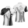 Polo golf homme bicolore noir côté gauche blanc balle côté droit silhouette golfeur swing lignes verticales rythmiques