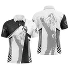 Polo golf homme bicolore noir côté gauche blanc balle côté droit silhouette golfeur swing lignes verticales rythmiques