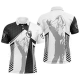 Polo golf homme bicolore noir côté gauche blanc balle côté droit silhouette golfeur swing lignes verticales rythmiques