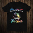 T-shirt noir femme humour pêche lettrage chrome iridescent fille pêcheuse expert montre comment pêcher, vue de face