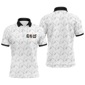 Polo de golf motif cliques de golf stylisés all-over sur fond blanc avec col noir contrastant et prénom brodé au front