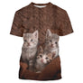 T-shirt chat 3D marron avec trois chatons mignons en panier, impression photoréaliste all-over haute définition