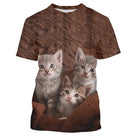T-shirt chat 3D marron avec trois chatons mignons en panier, impression photoréaliste all-over haute définition