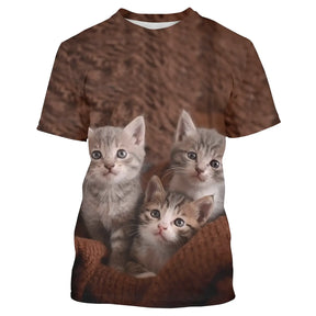 T-shirt chat 3D marron avec trois chatons mignons en panier, impression photoréaliste all-over haute définition