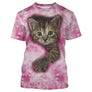 T-shirt chat 3D rose tie-dye avec chaton tigré aux yeux marron, impression photoréaliste all-over