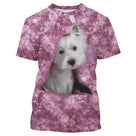 T-shirt chien Westie rose tie-dye avec West Highland Terrier blanc et bandeau vert, all-over 3D photoréaliste