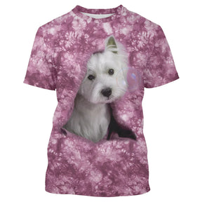 T-shirt chien Westie rose tie-dye avec West Highland Terrier blanc et bandeau vert, all-over 3D photoréaliste