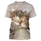 T-shirt chat 3D marron avec chatons jumeaux endormis souriants câlins, all-over photoréaliste teintes chaudes