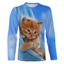 T-shirt chat bleu ciel chaton roux hamac unisexe, design photoréaliste mignon quotidien