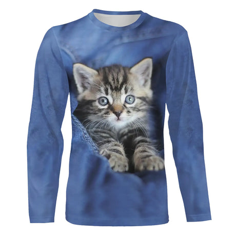 T-shirt chat bleu jean chaton tigré poche unisexe, design photoréaliste mignon quotidien