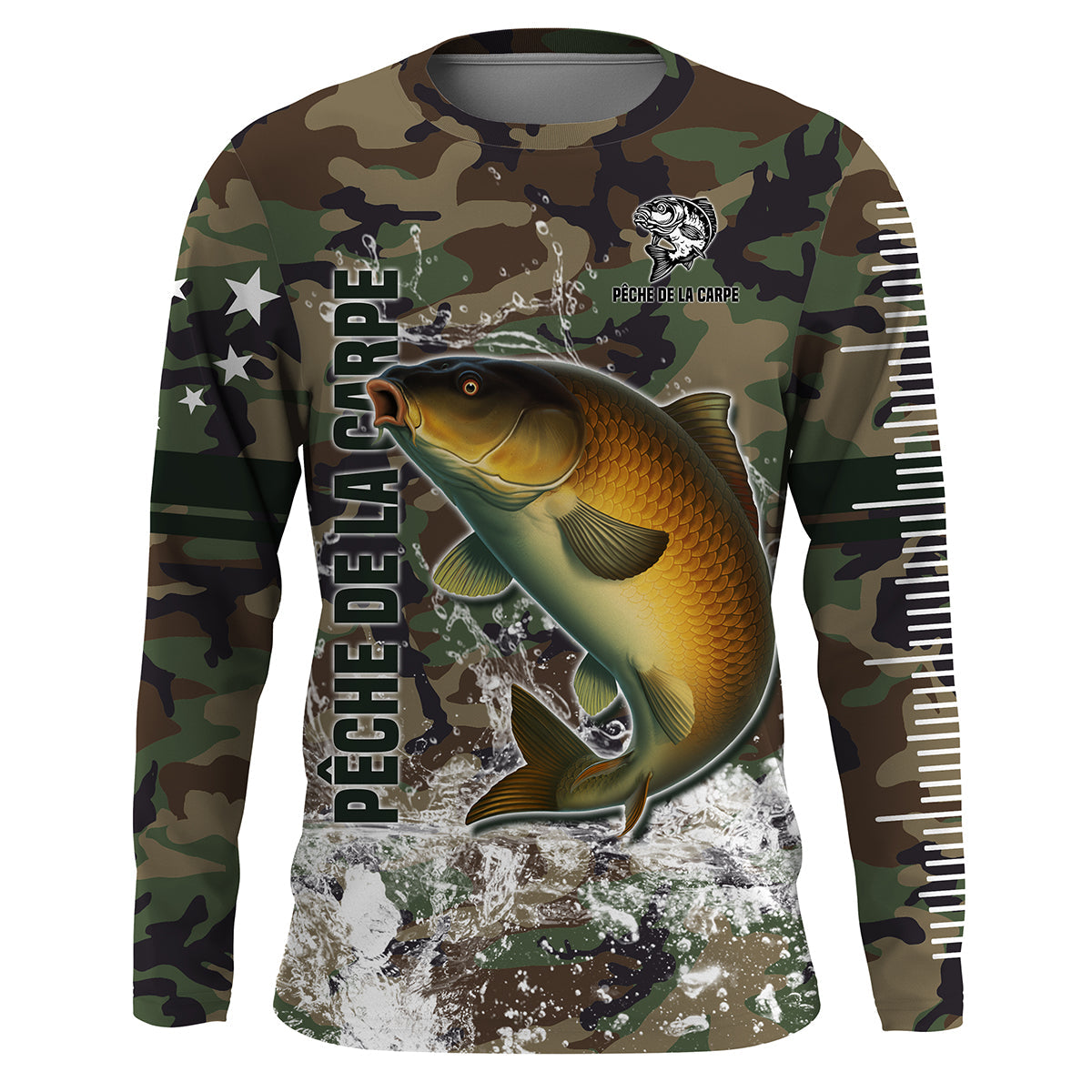 Hoodie pêche carpe all-over camouflage forêt vert brun motif carpe miroir cyprinidé prénom personnalisé