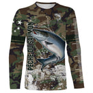 T-shirt manches longues pêche saumon all-over camouflage forêt motif saumon argenté prénom personnalisé moucheur