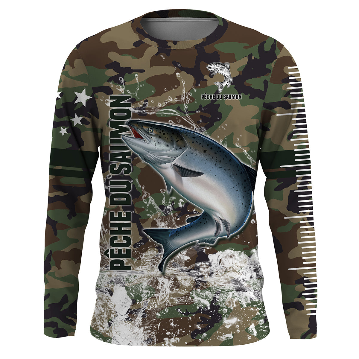 Hoodie pêche saumon all-over camouflage forêt vert brun motif saumon atlantique salmonidé prénom personnalisé