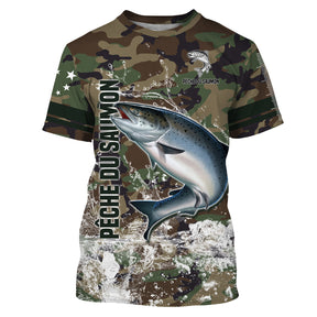 T-shirt pêche saumon all-over camouflage forêt vert brun motif saumon atlantique argenté en remontée prénom personnalisé
