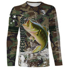 T-shirt manches longues pêche bar all-over camouflage forêt motif bar argenté prénom personnalisé surfcaster