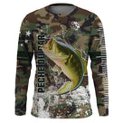 Hoodie pêche bar all-over camouflage forêt vert brun motif loup de mer carnassier prénom personnalisé