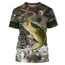 T-shirt pêche bar all-over camouflage forêt vert brun motif bar argenté gueule ouverte en attaque prénom personnalisé