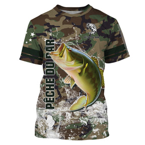 T-shirt pêche bar all-over camouflage forêt vert brun motif bar argenté gueule ouverte en attaque prénom personnalisé