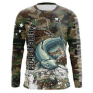Maillot UV manches longues pêche silure all-over camouflage forêt motif silure catfish prénom personnalisé