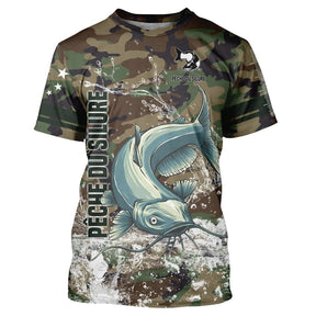 T-shirt UV pêche silure all-over camouflage forêt motif silure aux barbillons pêcheur prénom personnalisé clonk