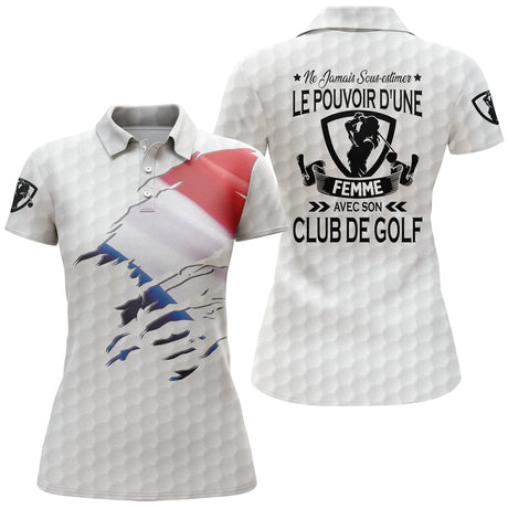 Polo de Golf, Idée Cadeau Humour Golfeur, Golfeuse, Ne Jamais Sous-Estimer Le Pouvoir d'un Homme, d'une Femme Avec son Club De Golf - CTS17052211 - Polo Femme Noir