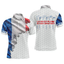 Polo golf homme blanc texture balle de golf éclaboussure tricolore bleu blanc rouge clubs alignés slogan La Vie Pleine Choix