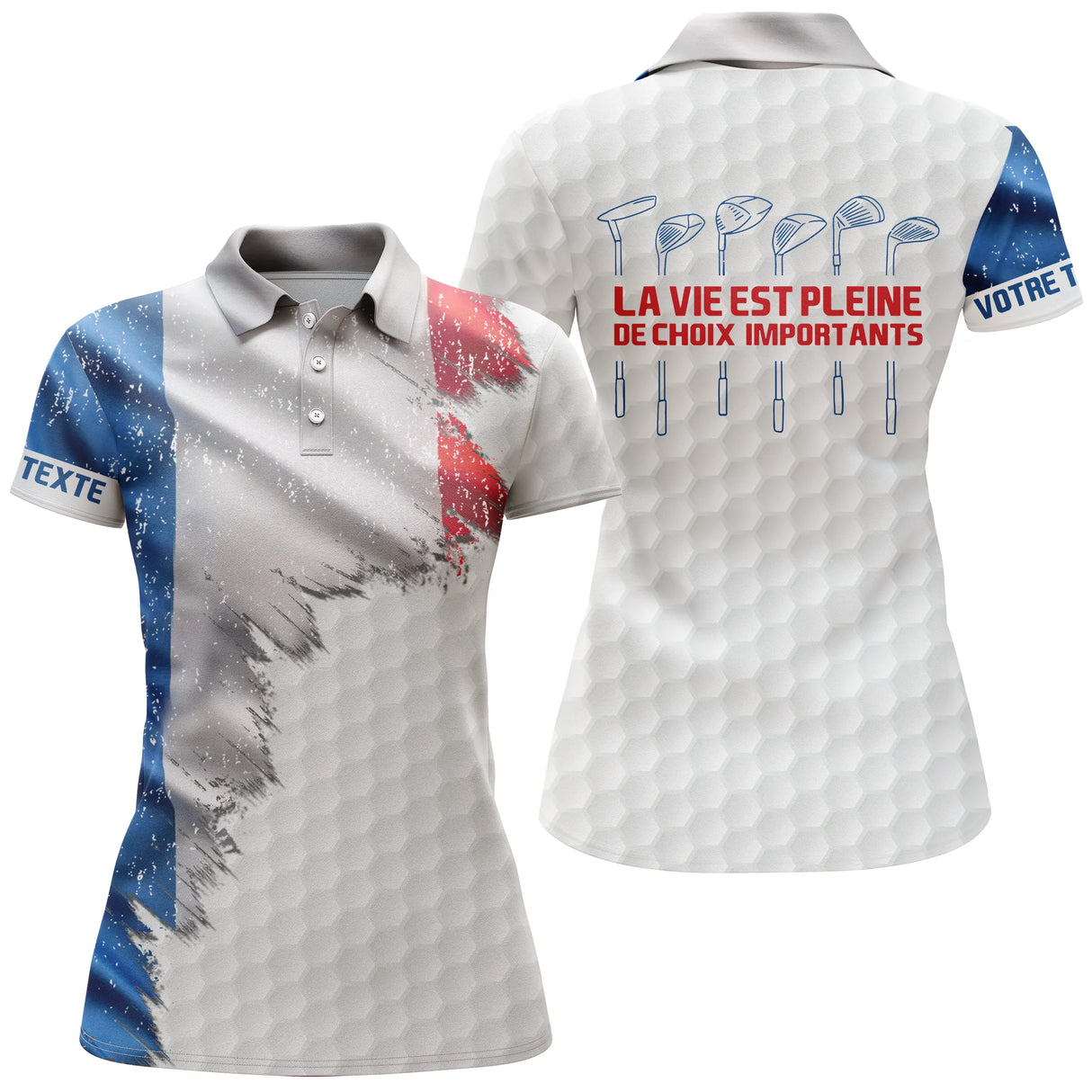 Polo golf femme blanc éclaboussure tricolore clubs alignés slogan La Vie Pleine Choix coupe cintrée tissu respirant