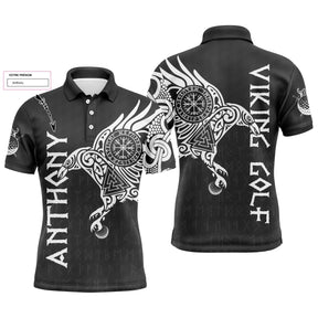 Polo golf homme noir tatouage tribal viking corbeau ailes déployées Vegvísir inscription Viking Golf prénom manche