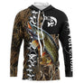 Sweat UV à capuche pêche brochet noir camouflage roseau leurre tatouage prénom personnalisé, vue de face