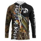 Sweat UV à capuche pêche brochet noir camouflage roseau leurre tatouage prénom personnalisé, vue de face