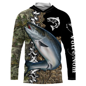 Sweat UV à capuche pêche saumon noir camouflage roseau passion prénom personnalisé, vue de face