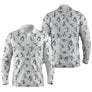 Polo manches longues golf unisexe blanc stickfigures golfeurs swing all-over noir tissu respirant