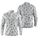 Polo manches longues golf unisexe blanc stickfigures golfeurs swing all-over noir tissu respirant