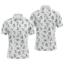 Polo golf homme blanc stickfigures golfeurs swing dispersés all-over noir coupe ajustée séchage rapide humour