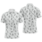 Polo golf homme blanc stickfigures golfeurs swing dispersés all-over noir coupe ajustée séchage rapide humour