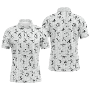 Polo golf homme blanc stickfigures golfeurs swing dispersés all-over noir coupe ajustée séchage rapide humour