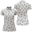 Polo golf femme blanc stickfigures golfeurs swing dispersés all-over noir coupe cintrée tissu respirant