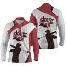 Polo manches longues golf unisexe bicolore rouge bordeaux et blanc balle silhouette golfeur prénom tissu respirant