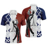 Polo golf homme argyle losange tricolore bleu blanc rouge silhouette Tour Eiffel golfeur swing surimpression centrale
