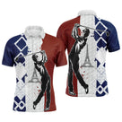 Polo golf homme argyle losange tricolore bleu blanc rouge silhouette Tour Eiffel golfeur swing surimpression centrale