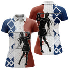 Polo golf femme argyle tricolore bleu blanc rouge Tour Eiffel golfeur swing coupe cintrée tissu respirant
