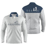 Polo manches longues golf unisexe blanc col bleu marine tracé battement cœur ECG silhouette golfeur tissu respirant