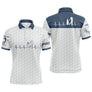 Polo golf blanc bleu marine avec battement de coeur stylisé et silhouette golfeur en swing, prénom et logo personnalisés