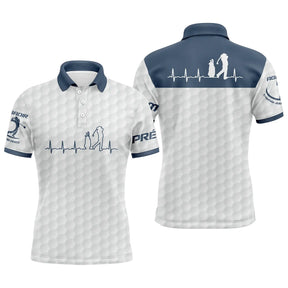 Polo golf blanc bleu marine avec battement de coeur stylisé et silhouette golfeur en swing, prénom et logo personnalisés