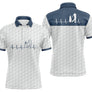 Polo golf homme blanc texture balle col bleu marine inserts épaules tracé battement cœur ECG silhouette golfeur swing