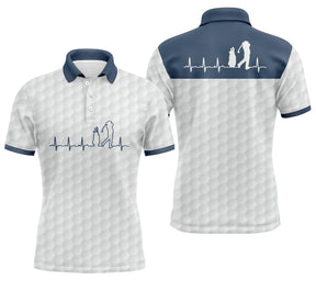Polo golf homme blanc texture balle col bleu marine inserts épaules tracé battement cœur ECG silhouette golfeur swing