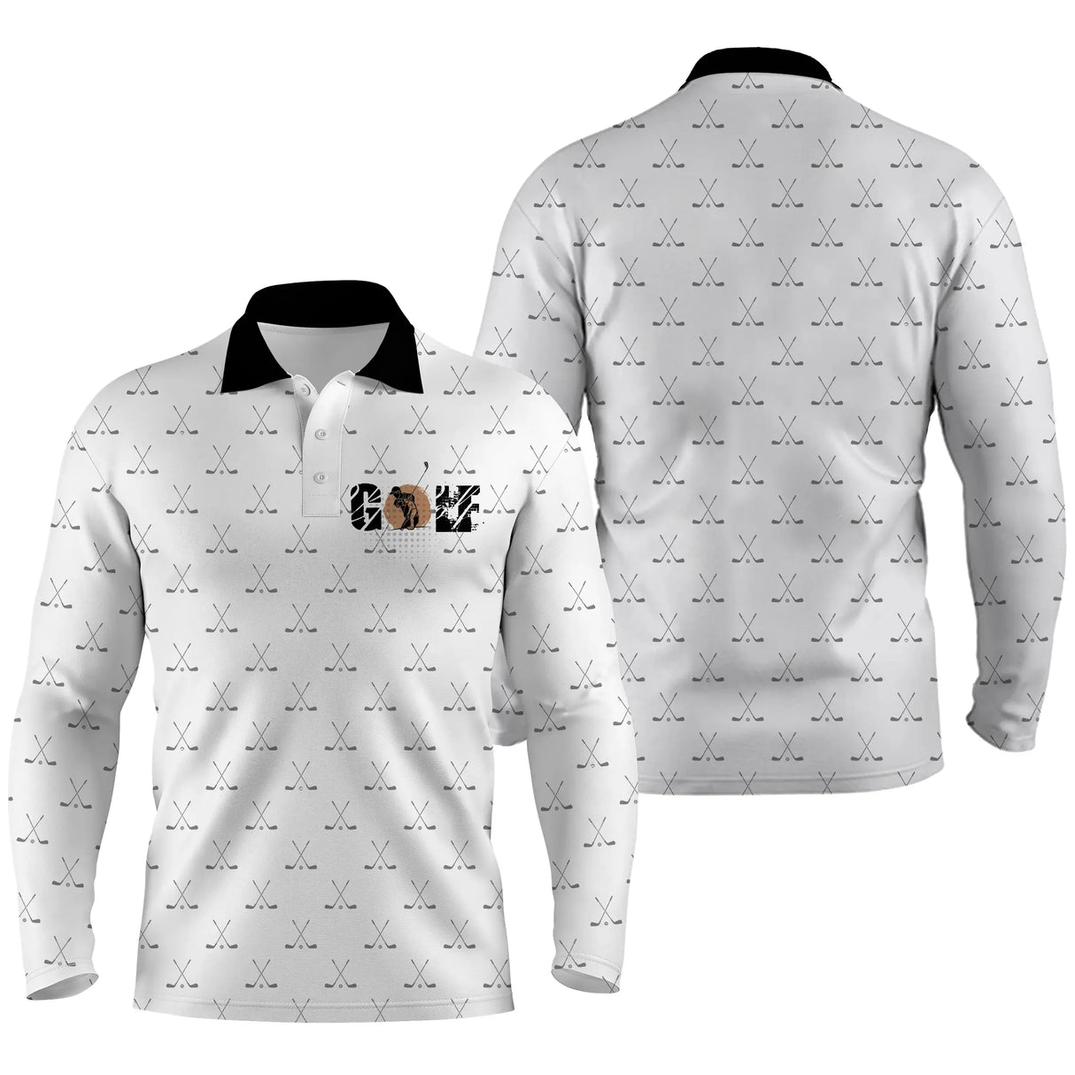 Polo manches longues golf unisexe blanc icons clubs croisés noirs damier col noir inscription Golf tissu respirant