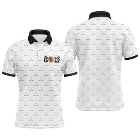 Polo golf homme blanc icons clubs croisés noirs répétés damier subtil col et manchettes noirs inscription Golf central