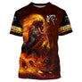 T-shirt cheval de feu personnalisé all-over avec cheval cabré entouré de flammes rouge et orange ardentes