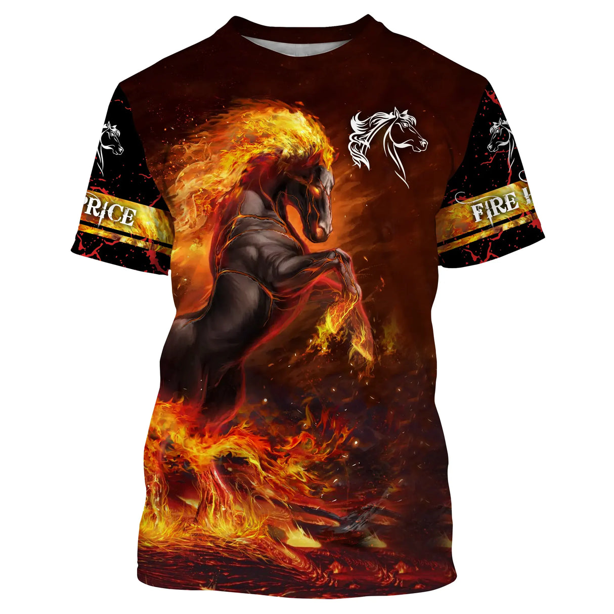 T-shirt cheval de feu personnalisé all-over avec cheval cabré entouré de flammes rouge et orange ardentes
